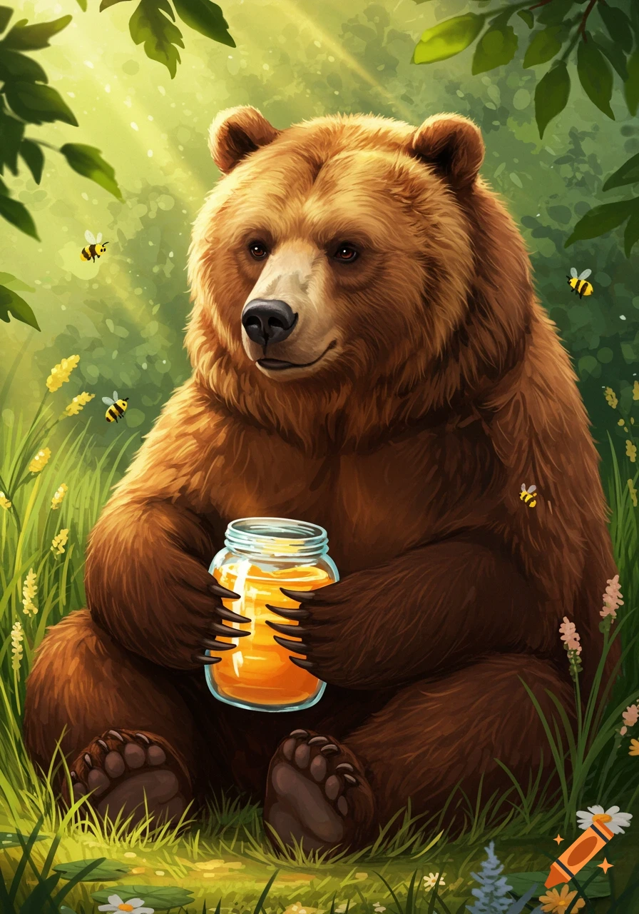 An illustrated brown bear sits in a sunny forest, holding a jar of honey as bees fly around.