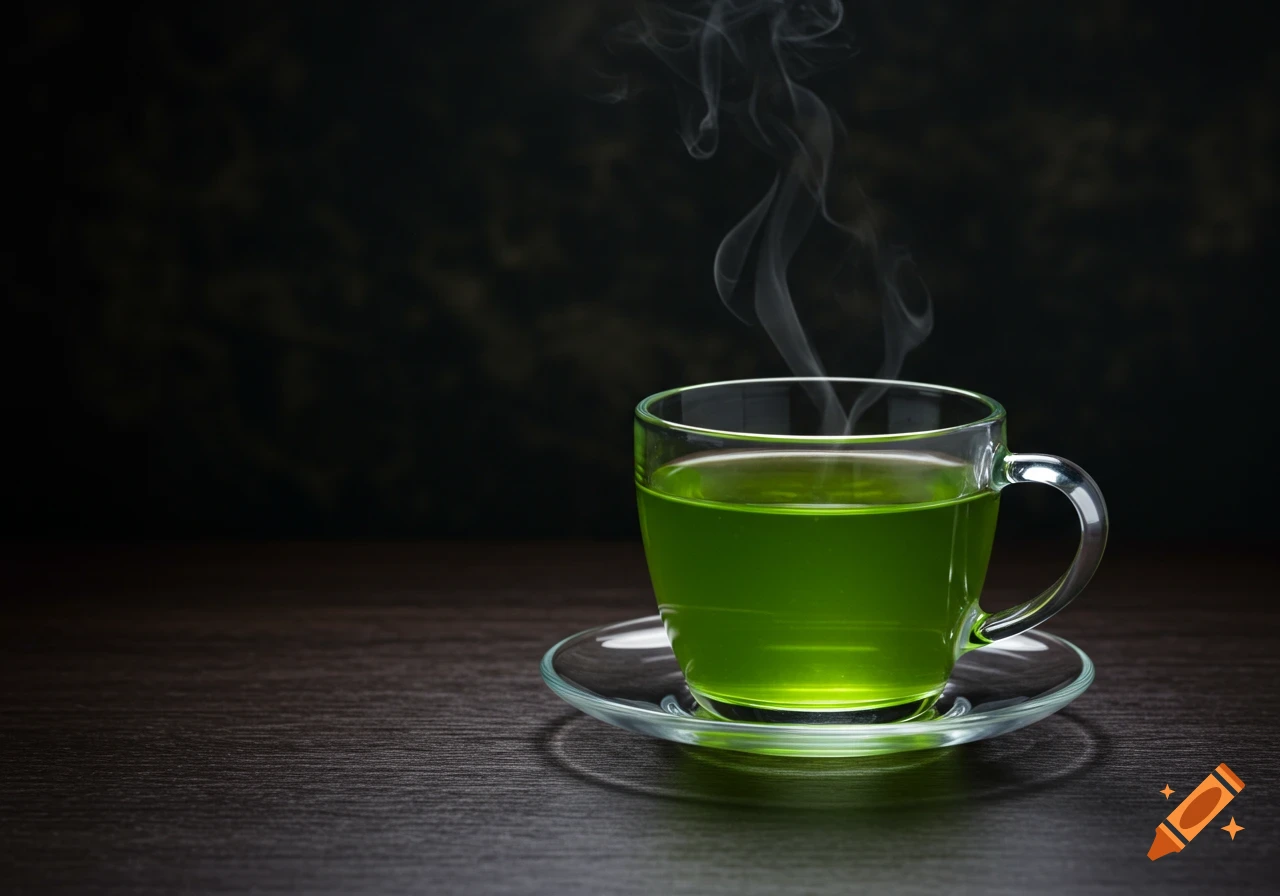 Photorealistic close-up of a steaming glass teacup filled with vibrant green tea on a clear saucer and dark wooden surface.