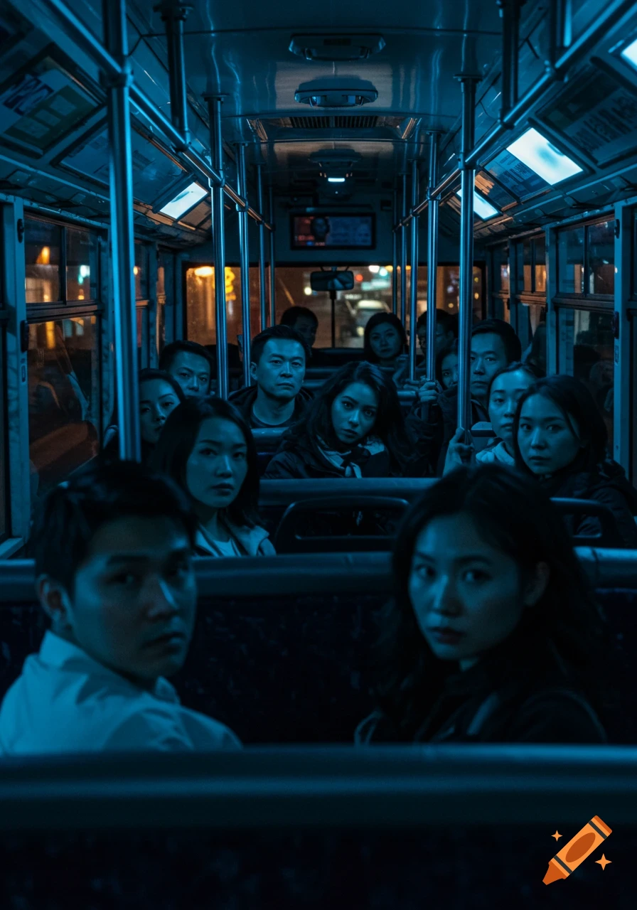 Photorealistic night scene inside a bus with multiple passengers looking at the camera, lit by cool blue and warm streetlights.