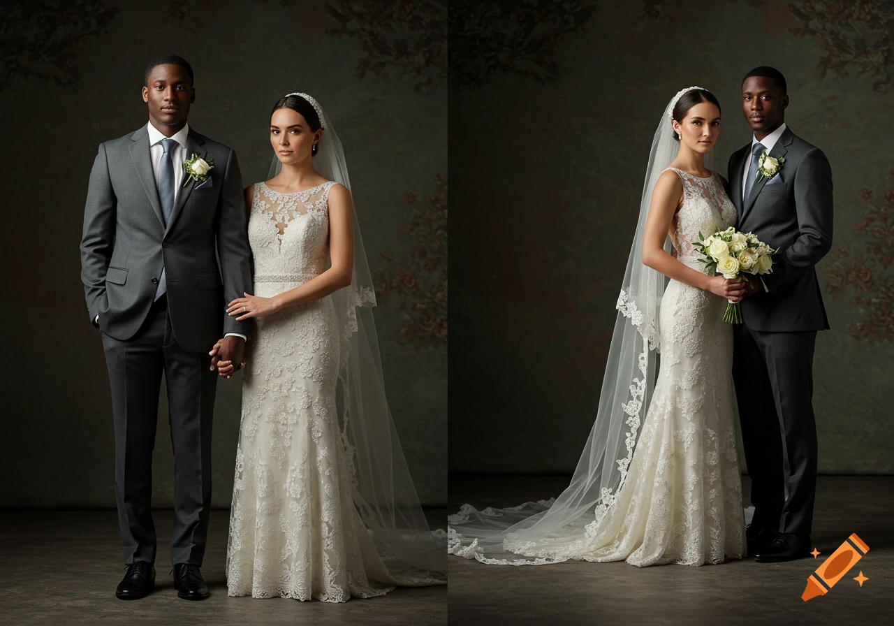 Photorealistic studio portrait of a bride in a lace wedding dress and a groom in a gray suit.