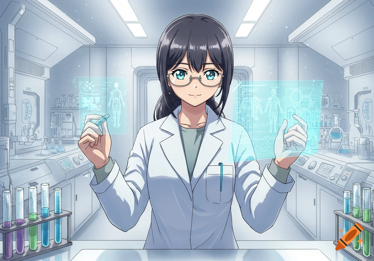 Anime-style female doctor in a white lab coat looks at glowing holographic displays showing anatomical data in a futuristic laboratory.