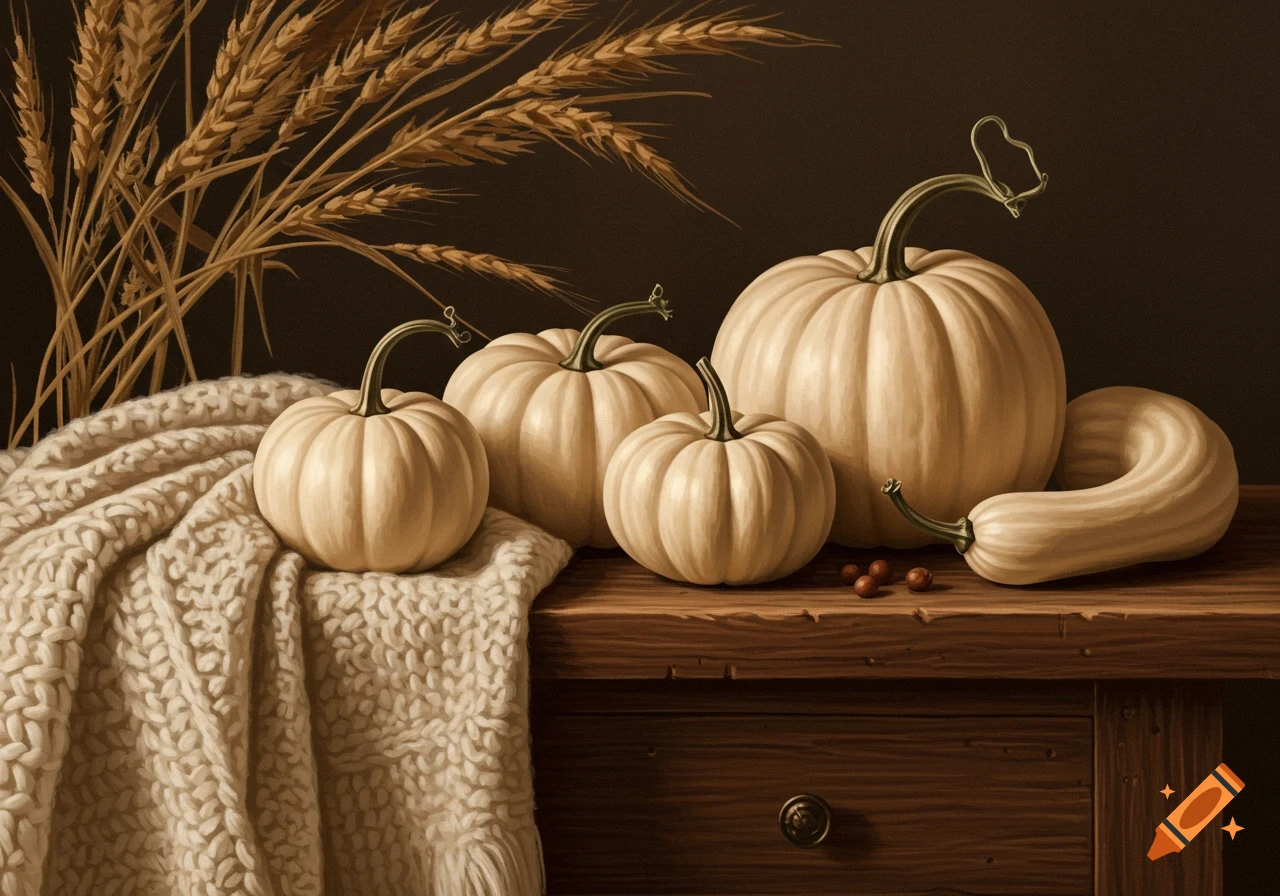 A rustic still life featuring cream pumpkins, a gourd, and dried wheat stalks on a wooden table, next to a cream knit blanket.