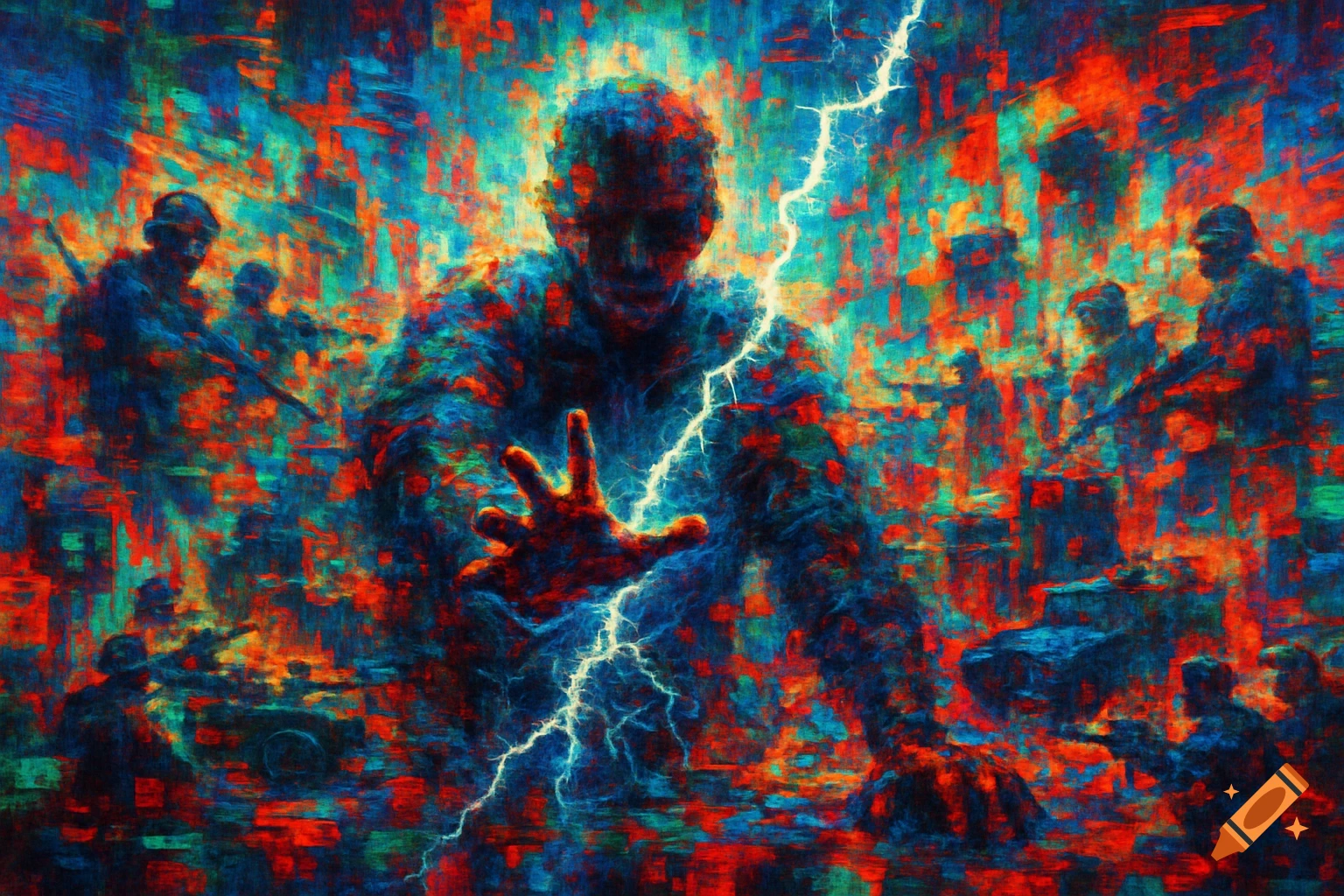 Abstract digital art of a central figure with lightning, surrounded by glitchy, pixelated soldiers in red, blue, and orange.