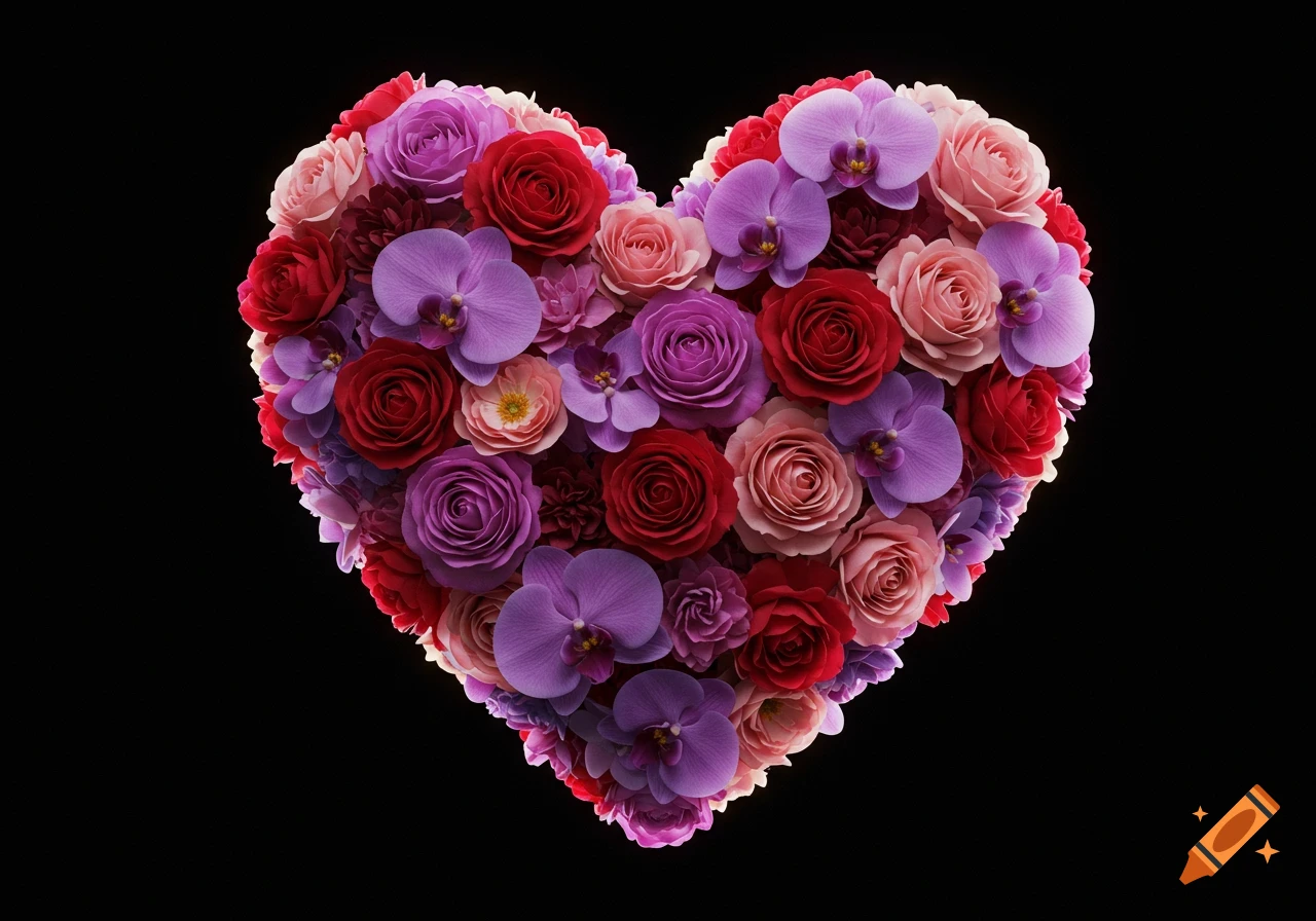 A vibrant heart-shaped arrangement of red, pink, and purple roses and orchids against a solid black background.