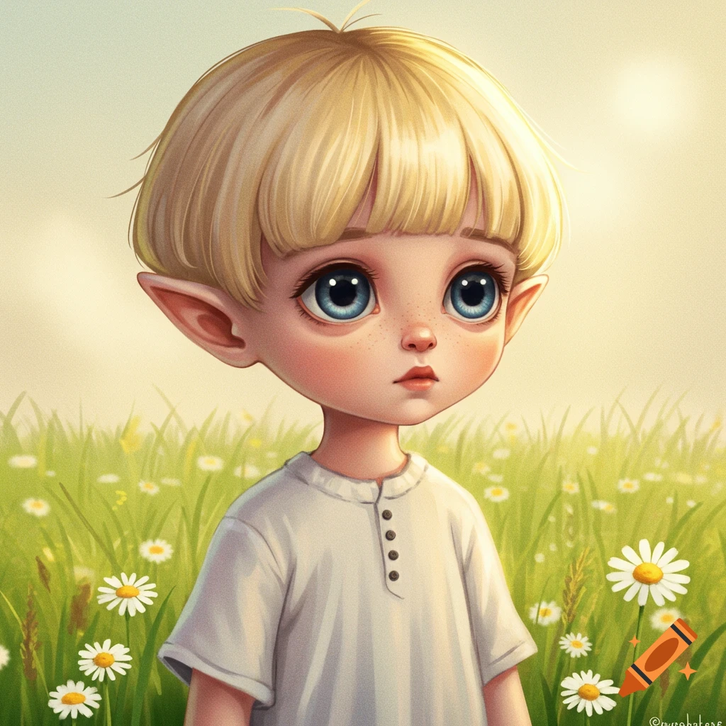 A stylized illustration of a blonde child with big blue eyes and pointy elf ears standing in a field of daisies.