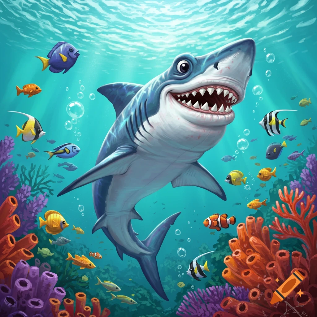 A cheerful, cartoon mako shark with a big smile swims underwater among colorful coral and tropical fish in a bright illustration.