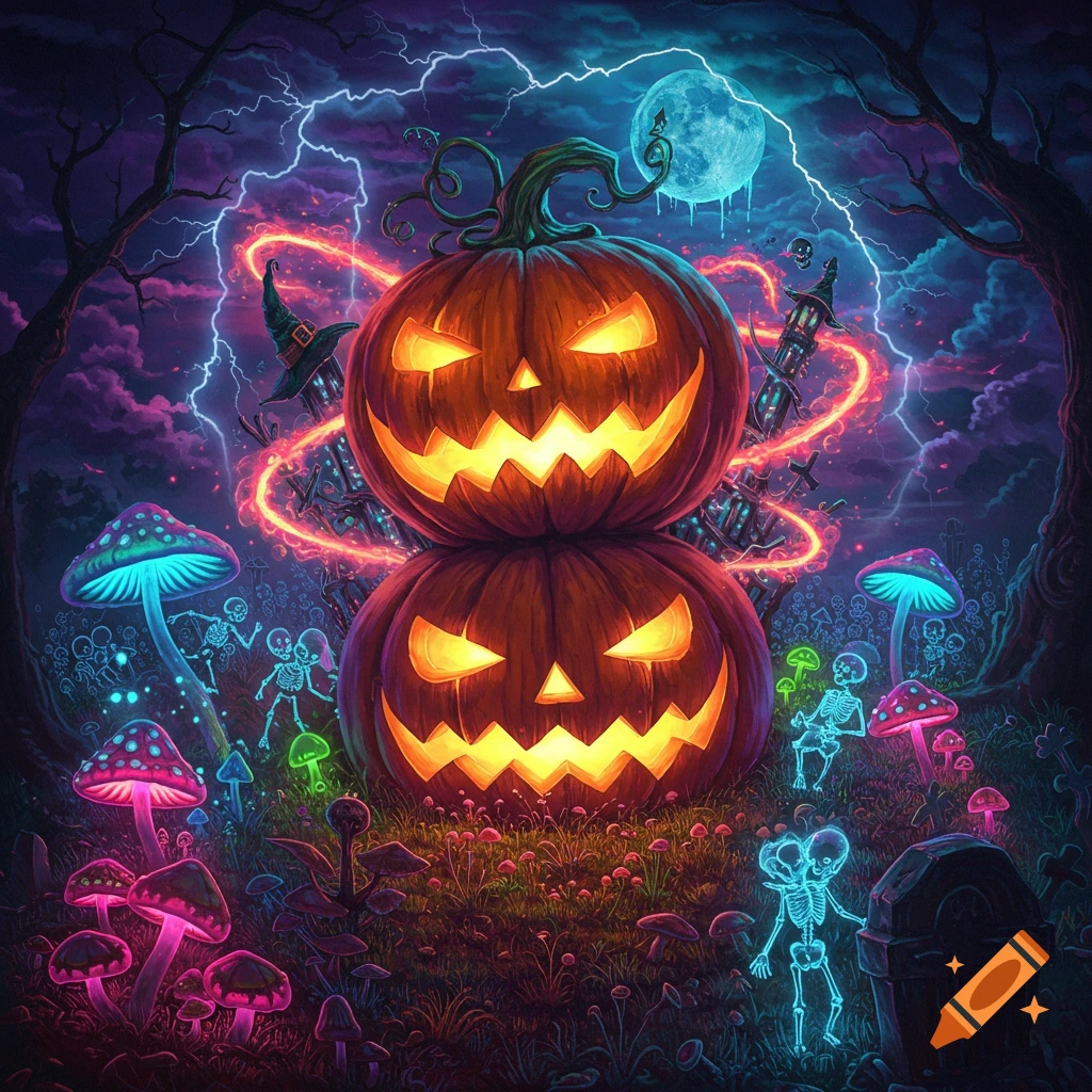 Psychedelic Halloween art with glowing jack-o'-lanterns, neon mushrooms, skeletons, lightning, and a full moon in a dark forest.