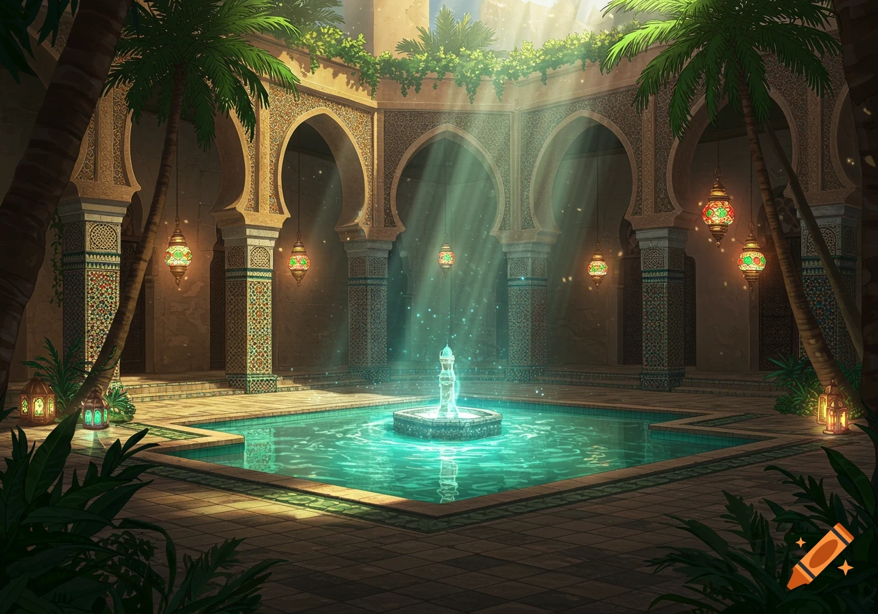 Fantasy anime Middle Eastern courtyard with a glowing turquoise pool, ornate arches, colorful lanterns, and sun rays.