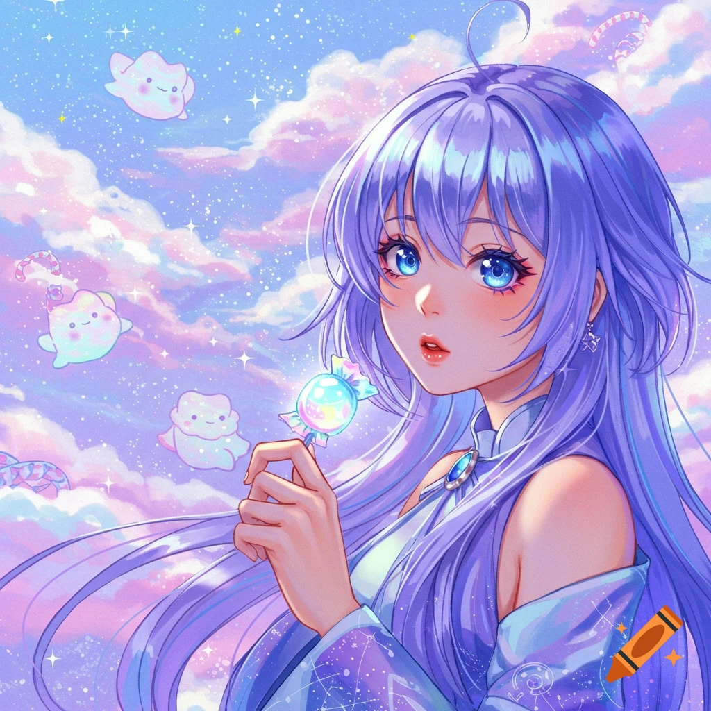 Anime girl with long purple hair and blue eyes holding a glowing candy in a pastel cloudy sky with cute floating creatures.