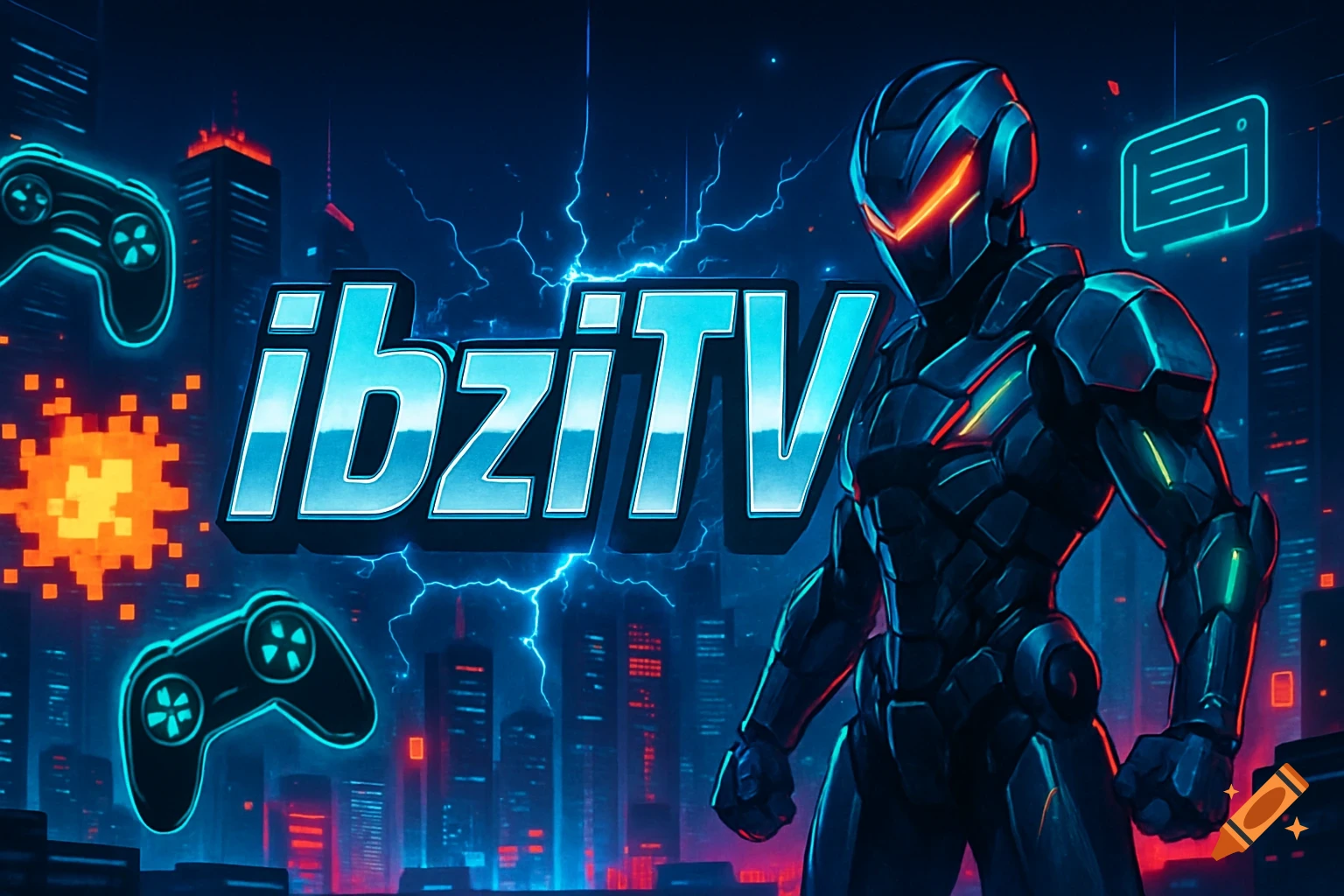 Futuristic armored character, neon gaming controllers, and 'ibziTV' text in a cyberpunk city with lightning.