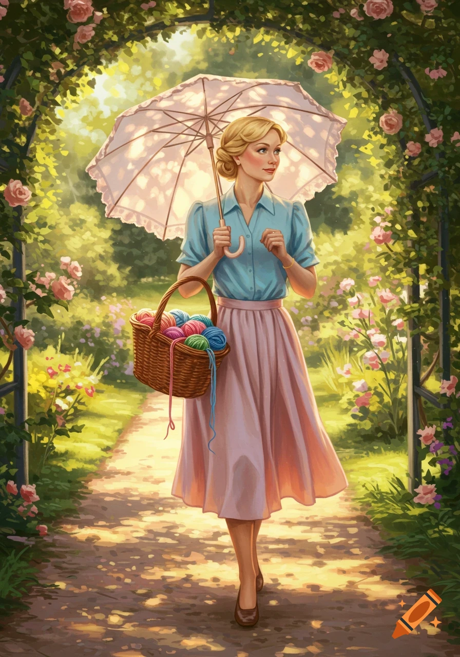 An illustration of a blonde woman in a blue blouse and pink skirt, carrying a parasol and a basket of yarn, walking through a sunny garden archway.