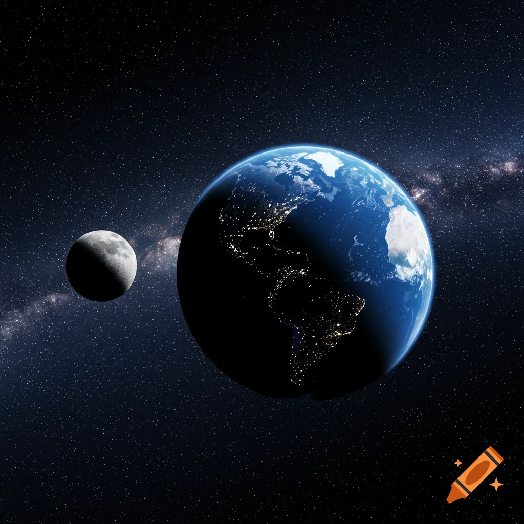 Photorealistic view of Earth from space, showing night city lights and daylight, with the Moon and the Milky Way.