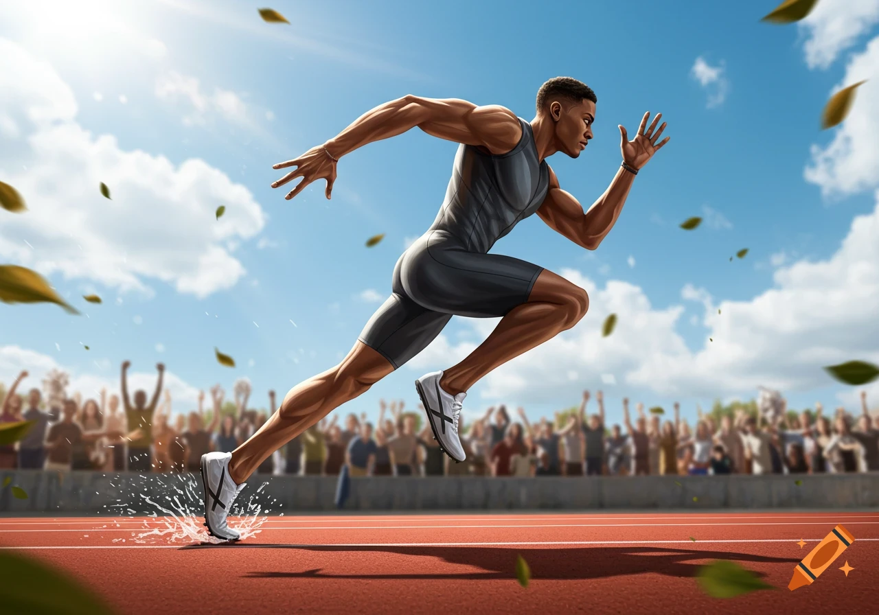A muscular male athlete sprints dynamically on a red track with a cheering crowd and bright blue sky in the background.