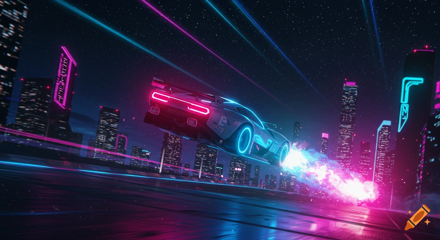 A futuristic flying neon race car with rocket exhaust streaks through a dark, neon-lit city with tall skyscrapers under a starry sky.