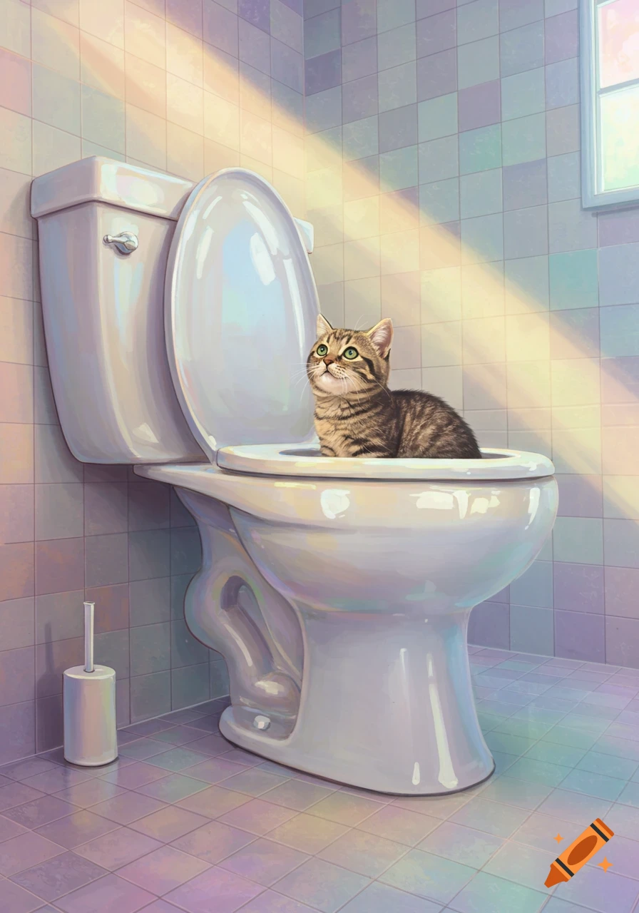 An illustrated tabby cat sits inside an open toilet in a pastel-colored bathroom, looking up as sunlight streams through a window.