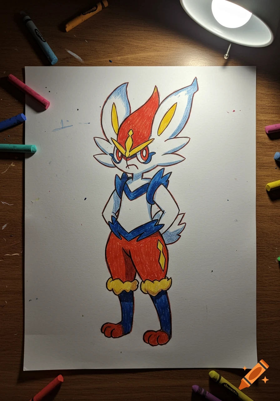 Crayon drawing of the Pokemon Cinderace on white paper, surrounded by scattered crayons and illuminated by a desk lamp.