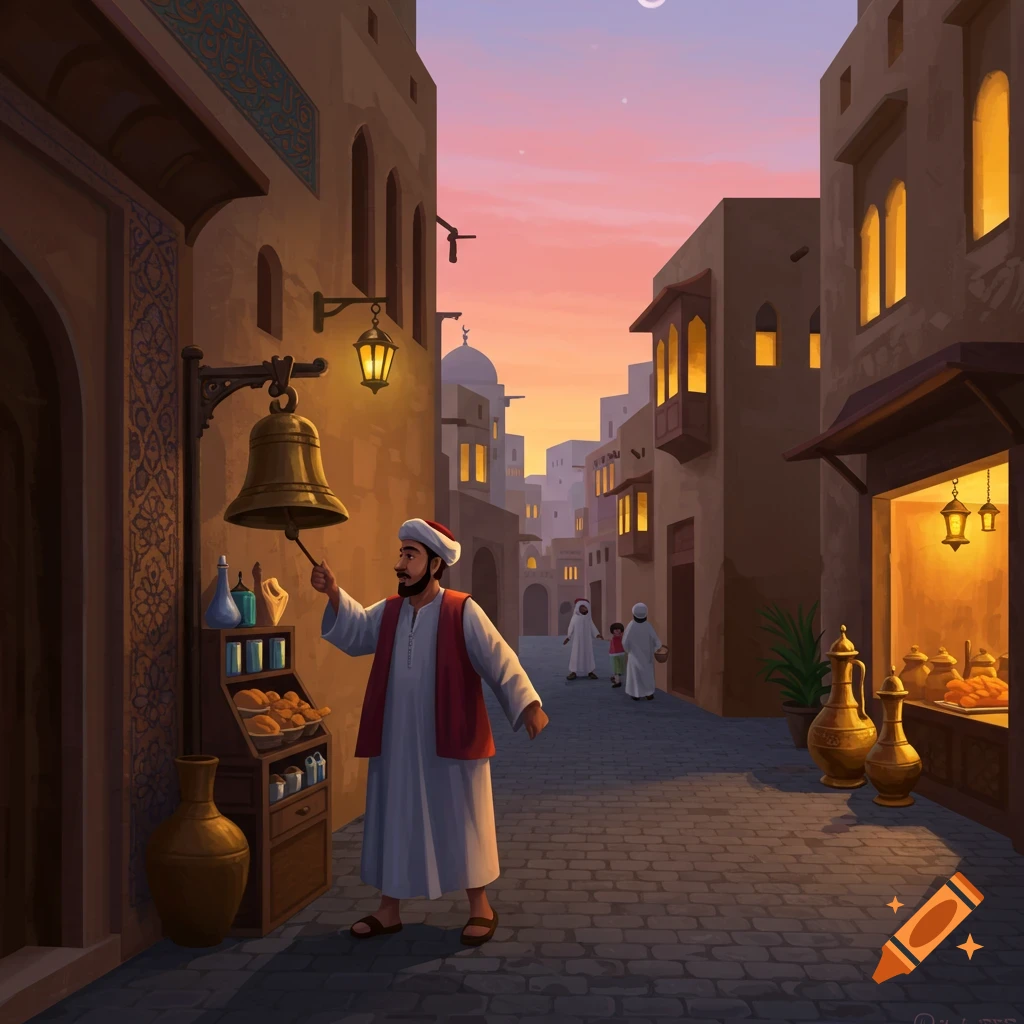 An illustration of a man in traditional Middle Eastern attire ringing a large bell on an old city street at dusk, with illuminated buildings and people.