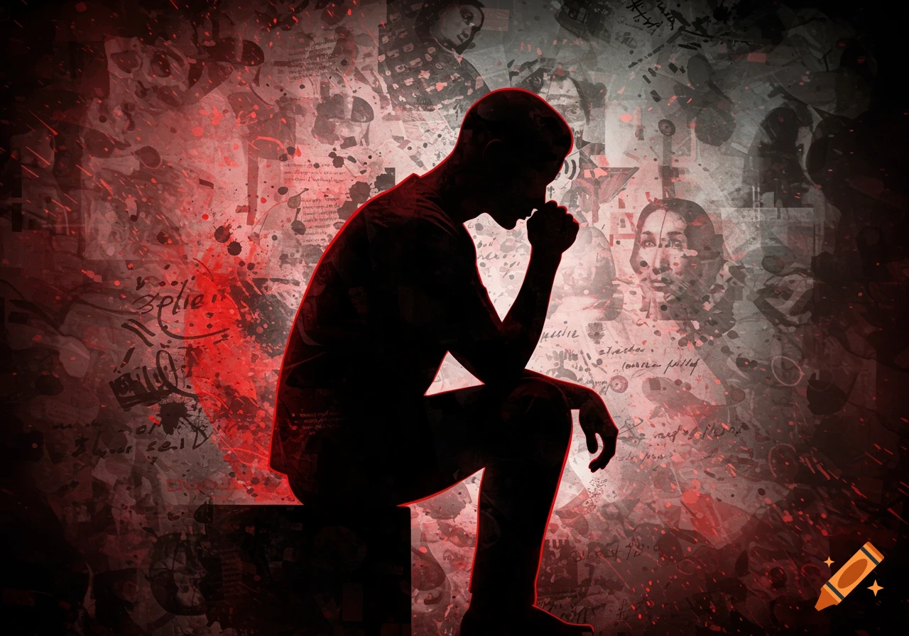 Dark silhouette of a person contemplating, against a red and gray trash polka background with abstract faces and scribbles.