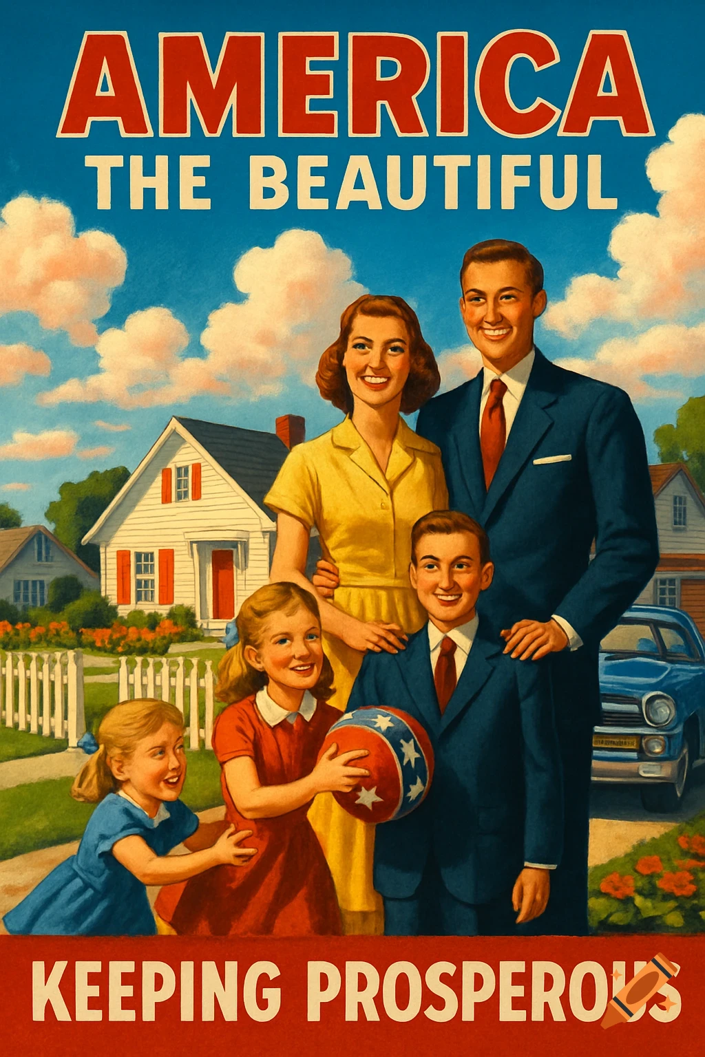 A vintage 1960s propaganda poster depicts a smiling nuclear family in a suburban setting, with text "AMERICA THE BEAUTIFUL" and "KEEPING PROSPEROUS".