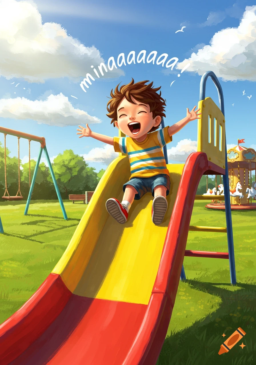 A cheerful cartoon boy with brown hair slides down a yellow and red playground slide, arms outstretched, shouting "minaaaaaaaa!". A swing set and carousel are in the background under a blue sky.