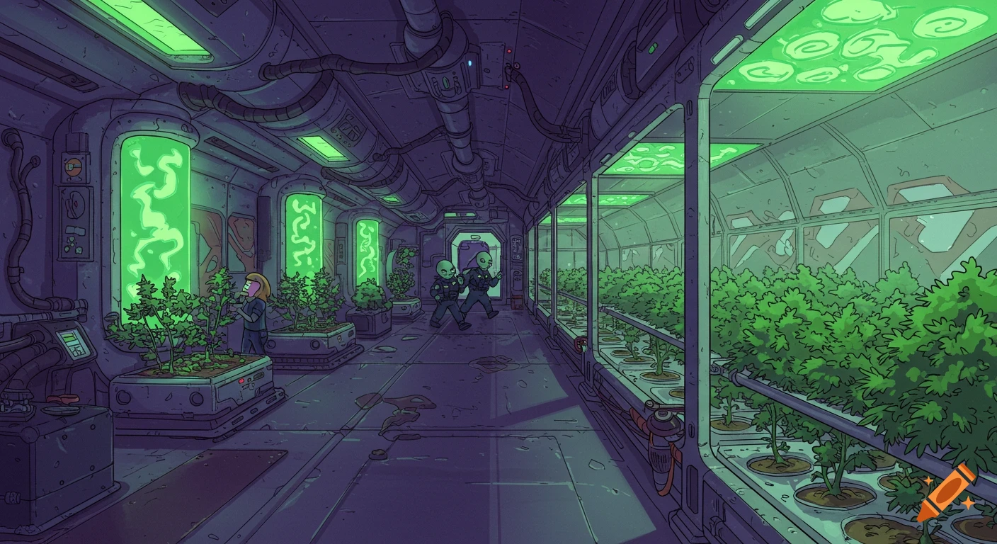 Rick and Morty style cartoon: Sci-fi spaceship greenhouse with a human gardener, lush green plants, and two alien police officers.