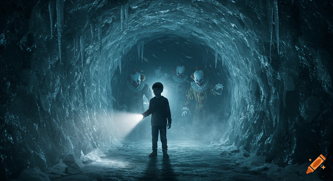 A young boy shines a flashlight in a dark, icy cave, revealing several sinister clowns emerging from the shadows in a hyper-realistic style.