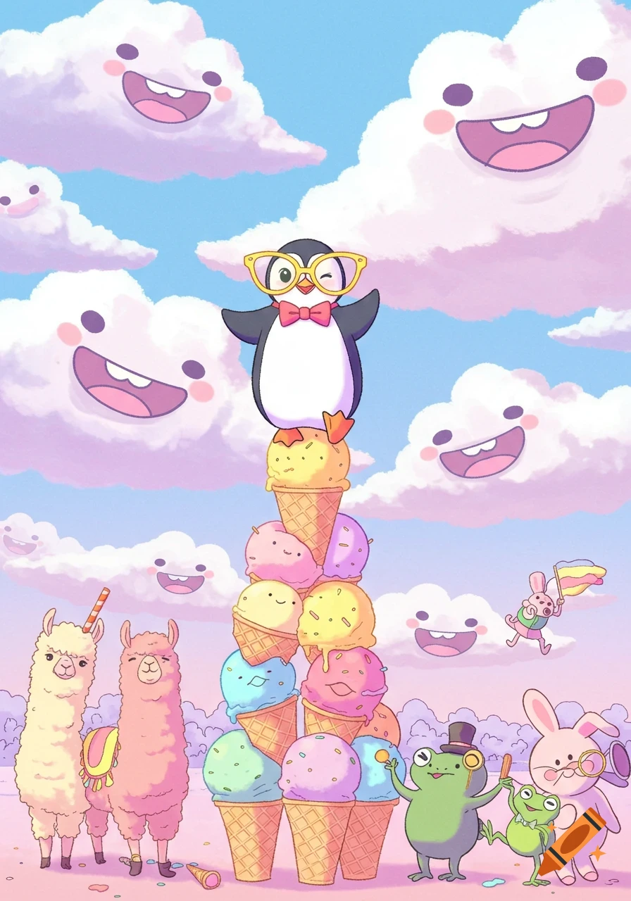 A whimsical pastel cartoon of a penguin in glasses atop a giant ice cream cone, surrounded by smiling clouds, llamas, frogs, and bunnies.