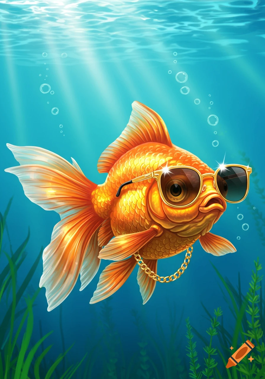 A stylized cartoon goldfish wearing golden sunglasses and a gold neck chain swims in clear blue water with plants.