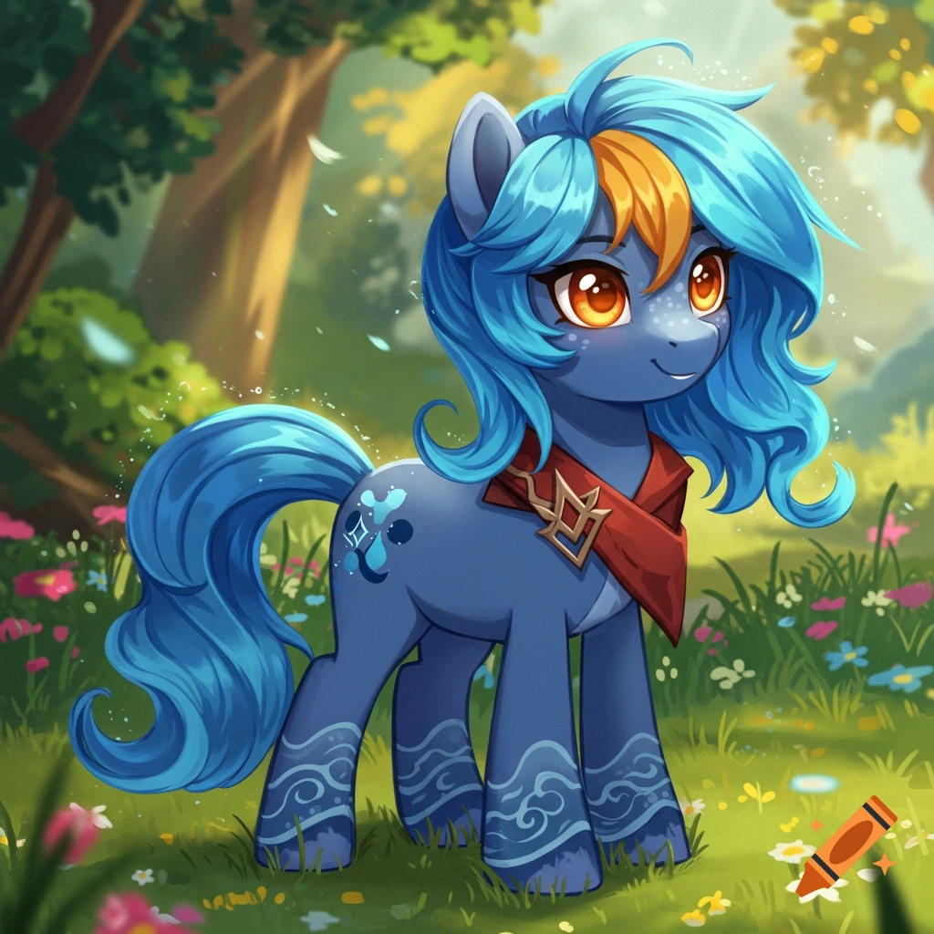 A blue My Little Pony-style character with a wavy blue mane and tail, orange eyes, and a red scarf stands in a flowery meadow.