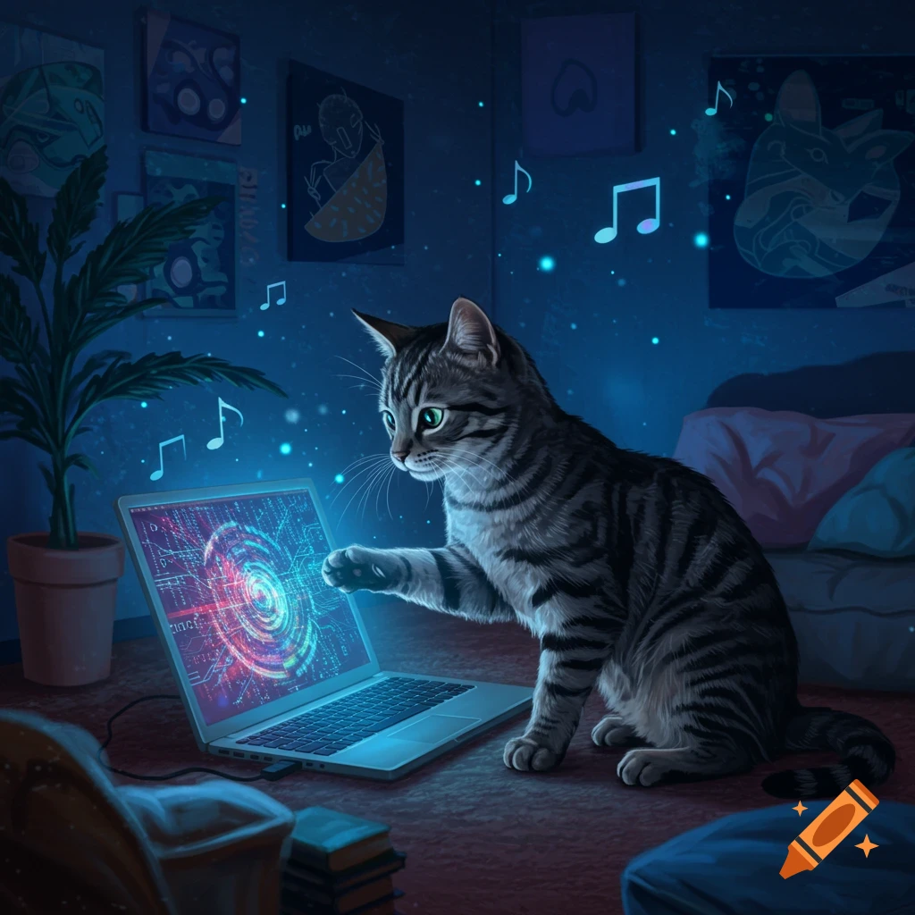 A tabby cat with green eyes paws at a glowing laptop screen with abstract tech patterns, surrounded by floating musical notes in a dark room.