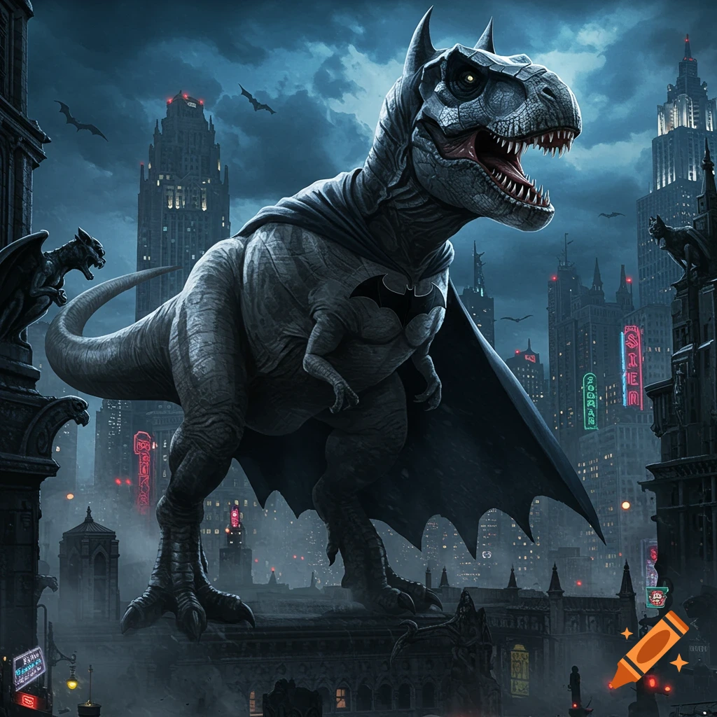 A massive T-Rex in a Batman cowl and cape stands on a gothic rooftop, overlooking a dark, neon-lit Gotham City.