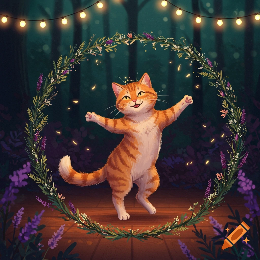 Happy orange tabby cat dancing in a floral wreath under string lights in a whimsical forest illustration.