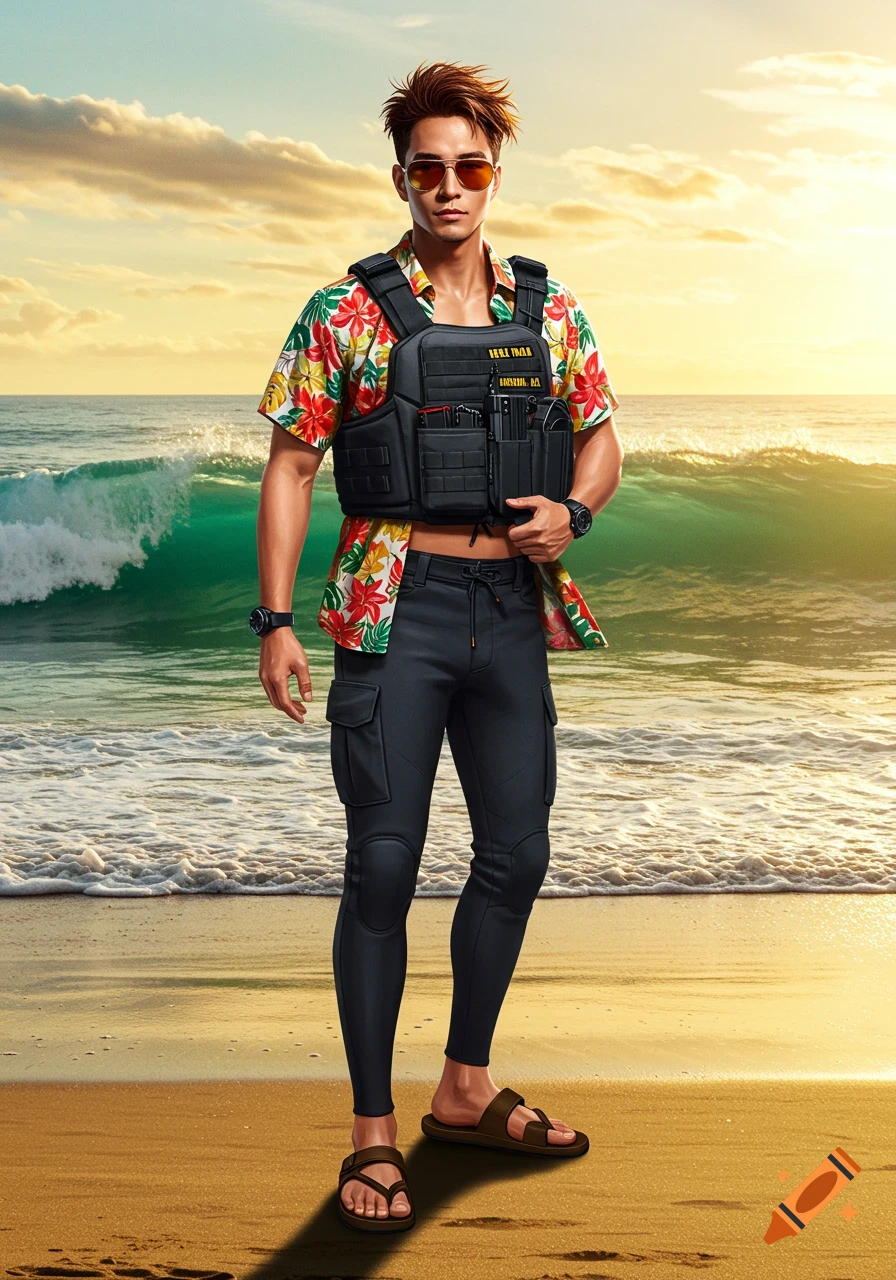 Photorealistic image of a man in a Hawaiian shirt and tactical vest standing on a sandy beach with waves behind him.
