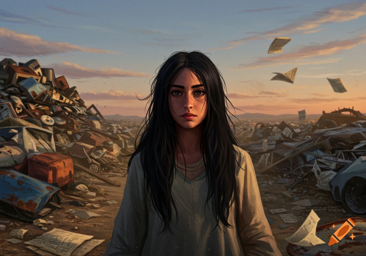 An illustrative portrait of a girl with dark hair and freckles standing in a vast junkyard under a sunset sky, with papers blowing in the wind.