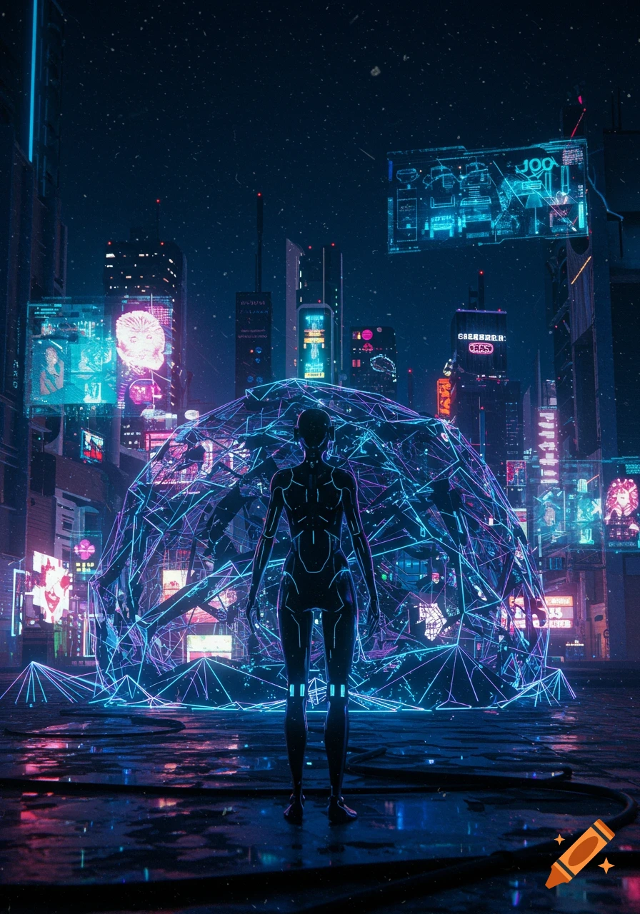 A humanoid robot stands before a large glowing neon geometric orb in a dark, futuristic cyberpunk city at night.