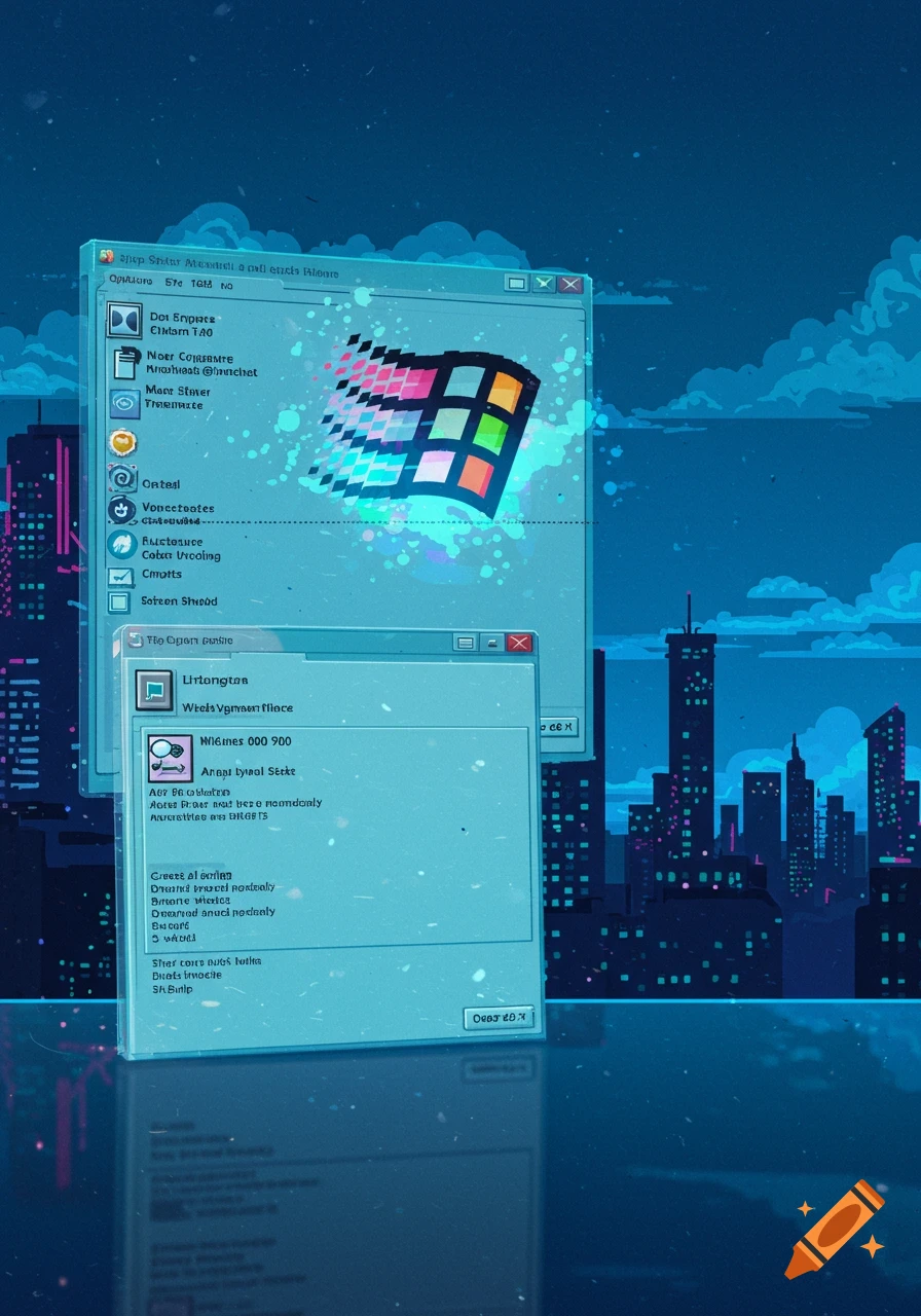 Pixel art of an old Windows operating system interface with a dissolving Windows logo, against a dark blue neon cityscape with reflections.