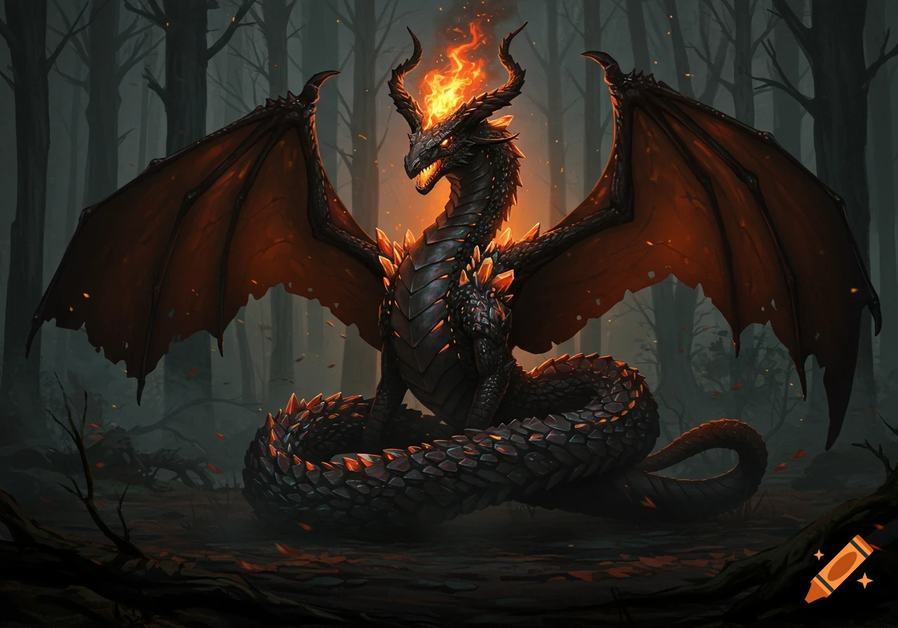A majestic black dragon with a fiery crest and glowing orange scales sits coiled in a dark, misty forest, fantasy art style.