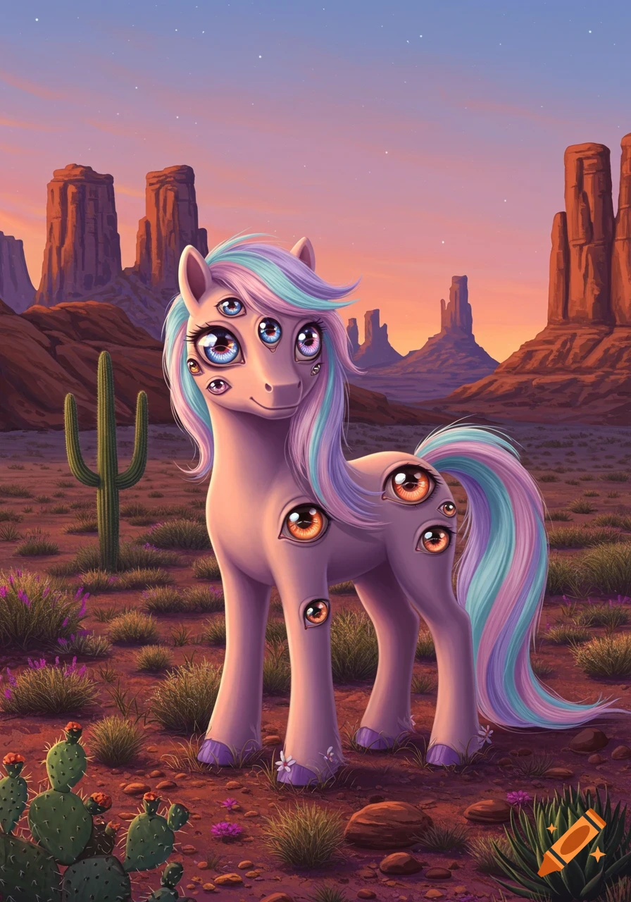 A pastel-colored pony with many eyes on its face and body stands in a southwestern desert landscape with mesas and cactuses at sunset.