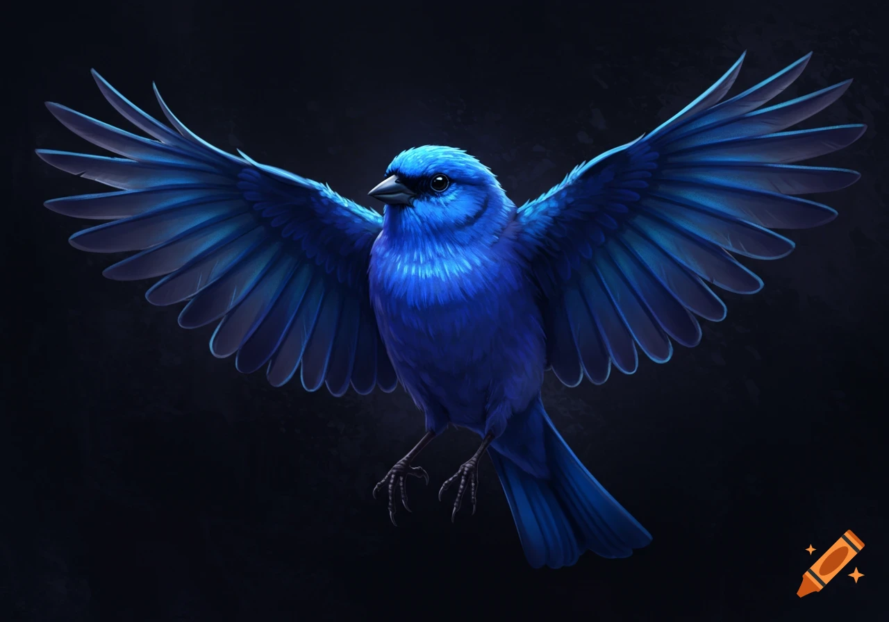 A vibrant blue bird with wings outstretched against a dark, minimalist background, rendered in a detailed digital art style.