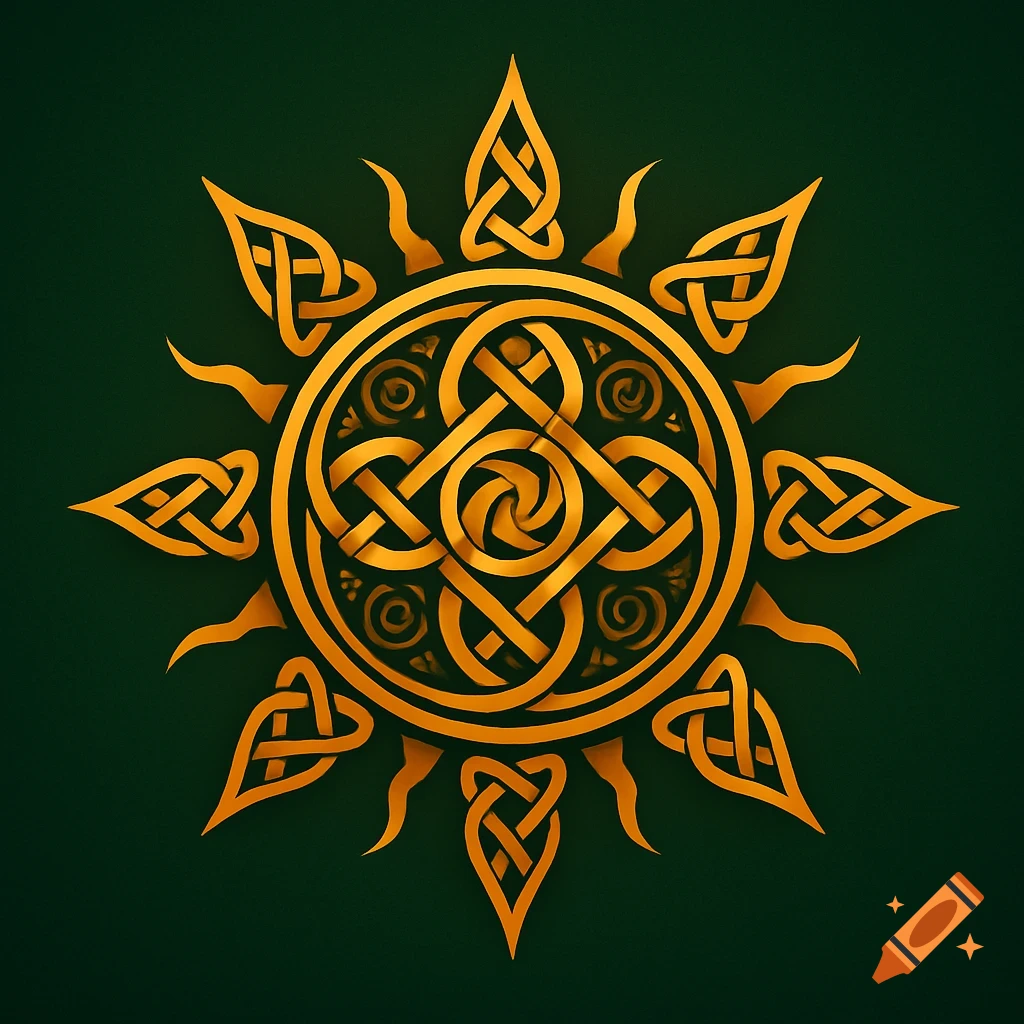 A golden Celtic knot design resembling a sun, with intricate intertwined patterns, on a dark green background.