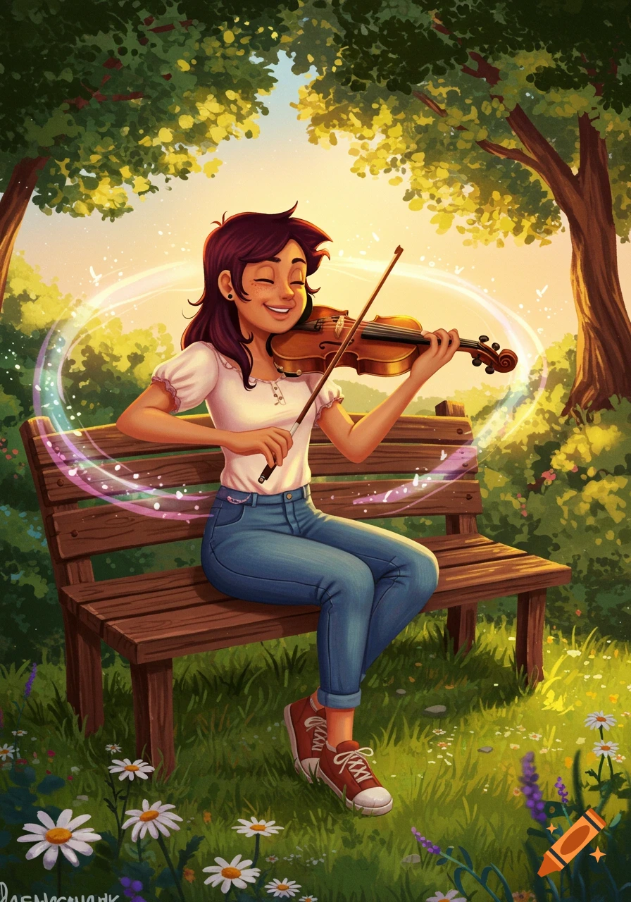 Cartoon girl with dark hair sitting on a park bench, happily playing a violin amidst flowers and trees.
