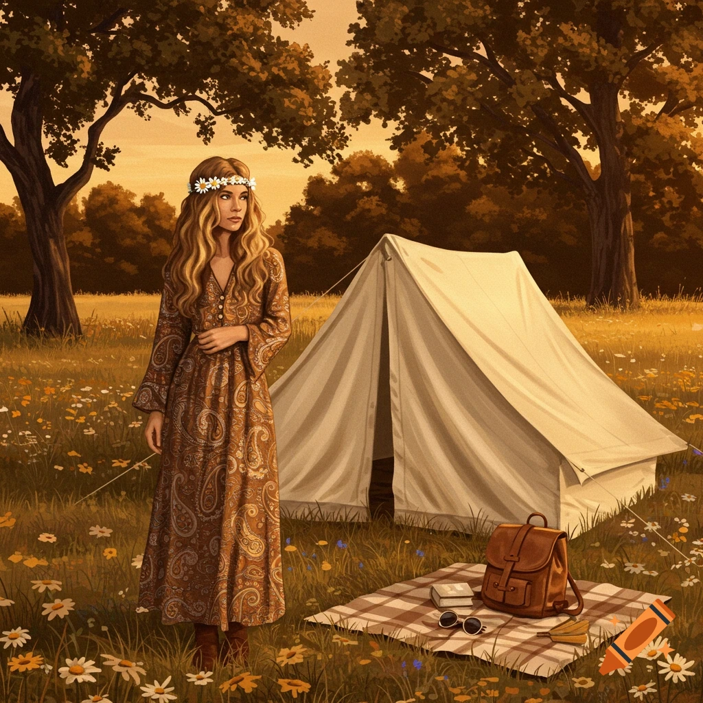 A woman in a floral dress and flower crown stands beside a tent in a sunlit field with a picnic blanket and trees.