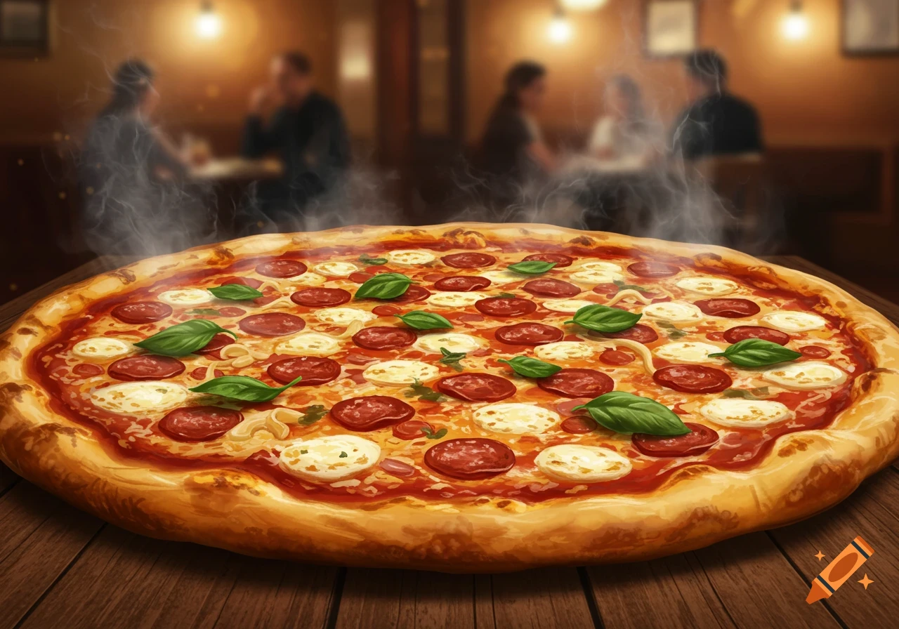 A large, steaming pepperoni, mozzarella, and basil pizza on a wooden table in a blurred restaurant setting.