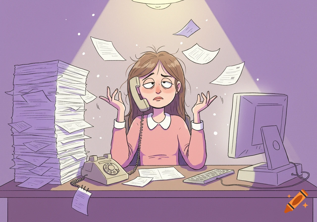 Cartoon illustration of a stressed woman at a desk with a huge pile of papers, holding a phone, with a tired but humorous expression.
