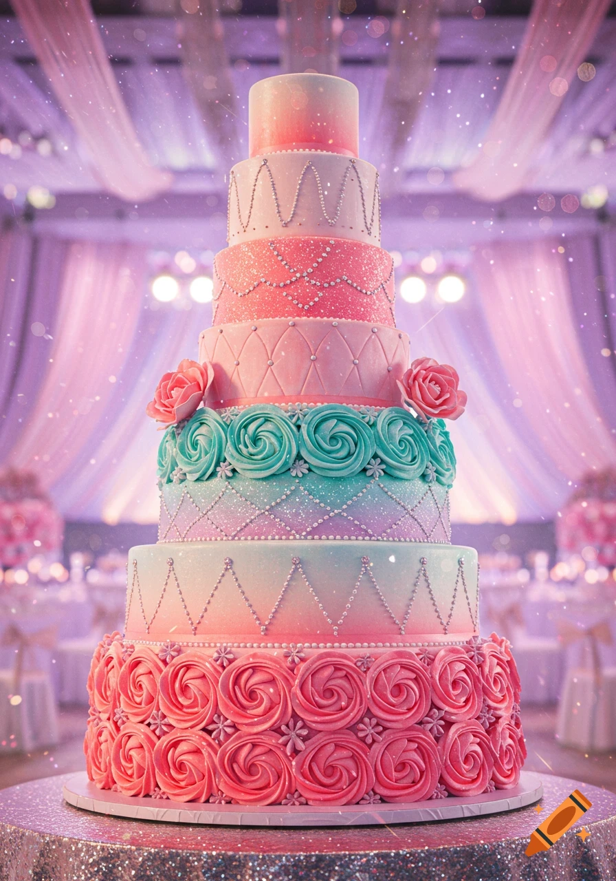 A tall, glittery wedding cake with pink, blue, and purple tiers decorated with roses, set in a lavish reception hall.