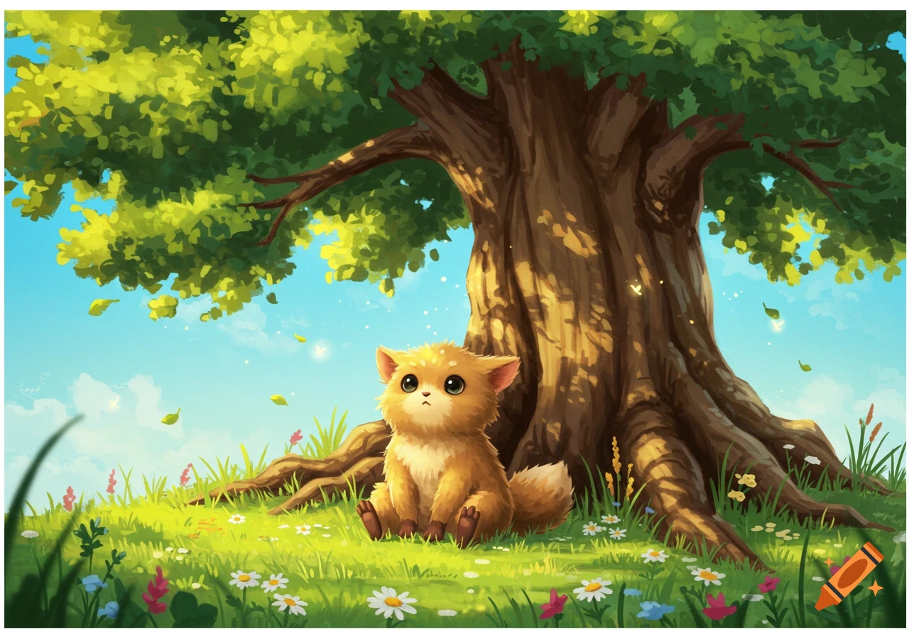 A fluffy, cartoonish creature sits under a large tree in a sunny, grassy field with small flowers, in a stylized illustration.