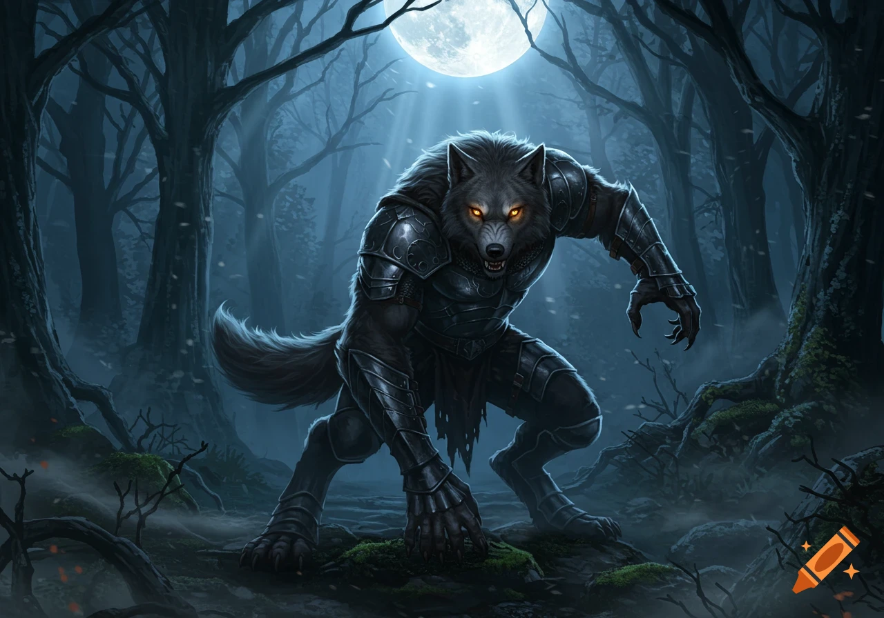 A hulking werewolf in armor with glowing orange eyes crouches in a dark, misty forest under a bright full moon.