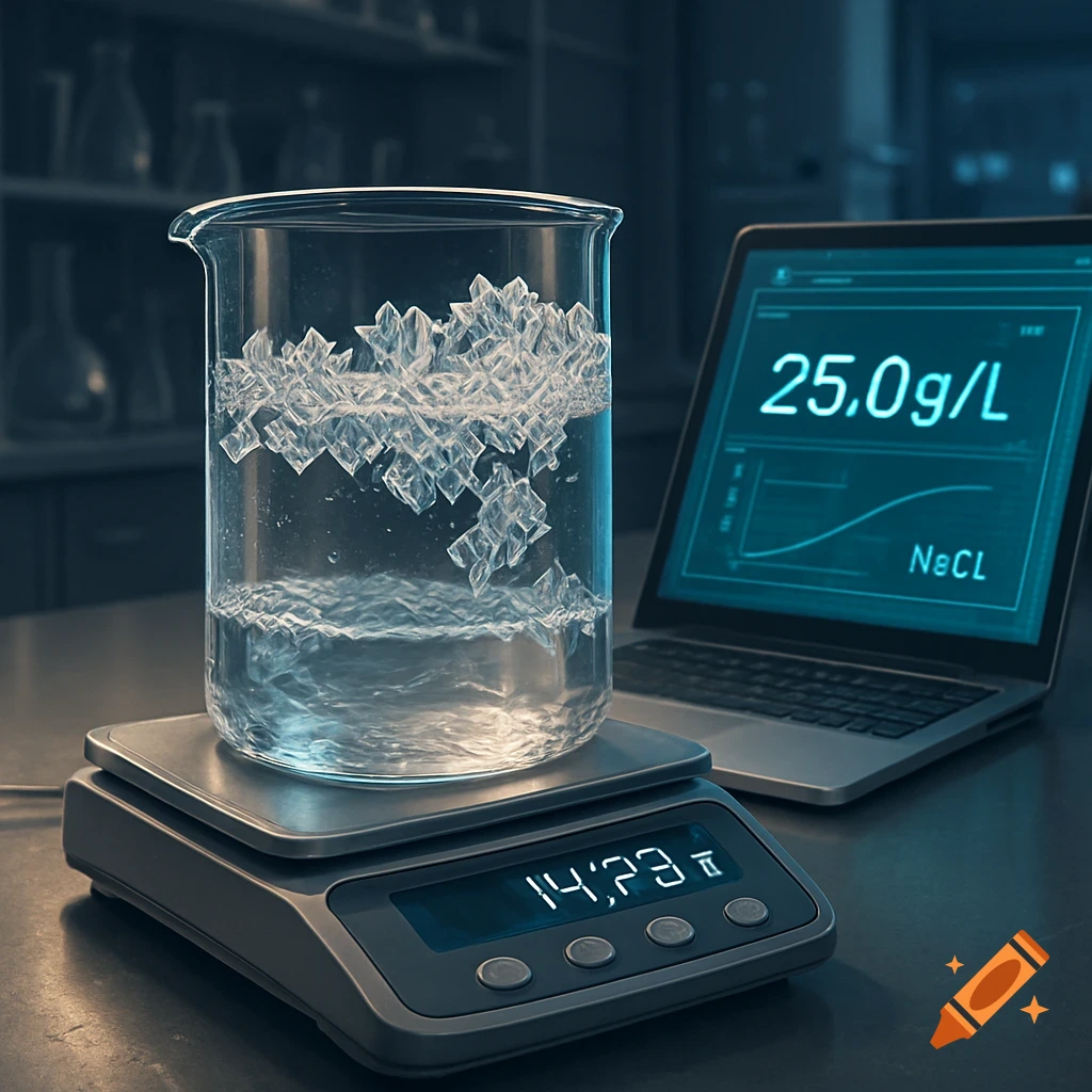 A beaker with water and white crystals sits on a digital scale next to a laptop displaying "25.0g/L" and "NaCl" in a dimly lit lab.