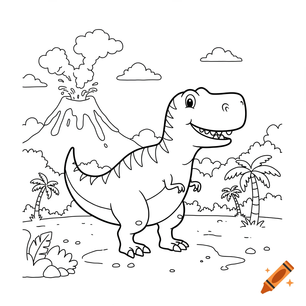 A black-and-white cartoon T-Rex coloring page with a smiling dinosaur, volcano, and palm trees.