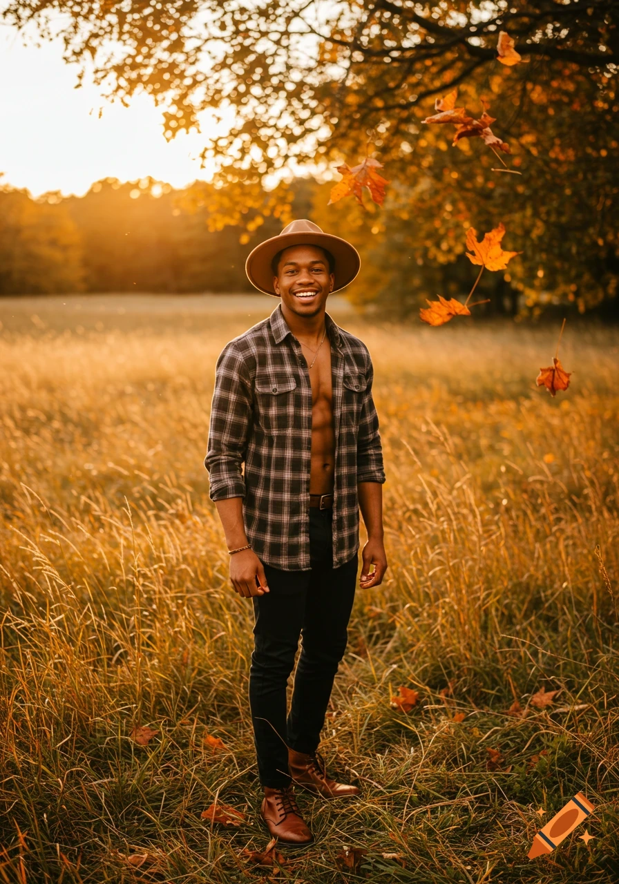 A smiling man in a hat and unbuttoned plaid shirt stands in a golden autumn field with falling leaves at sunset.